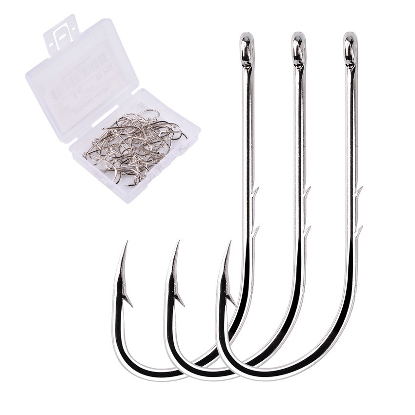 Boxed 50pcs long-handled hooks with double barbs, tide hooks, straight-handled hooks, live bait hooks with barbs, high-carbon steel