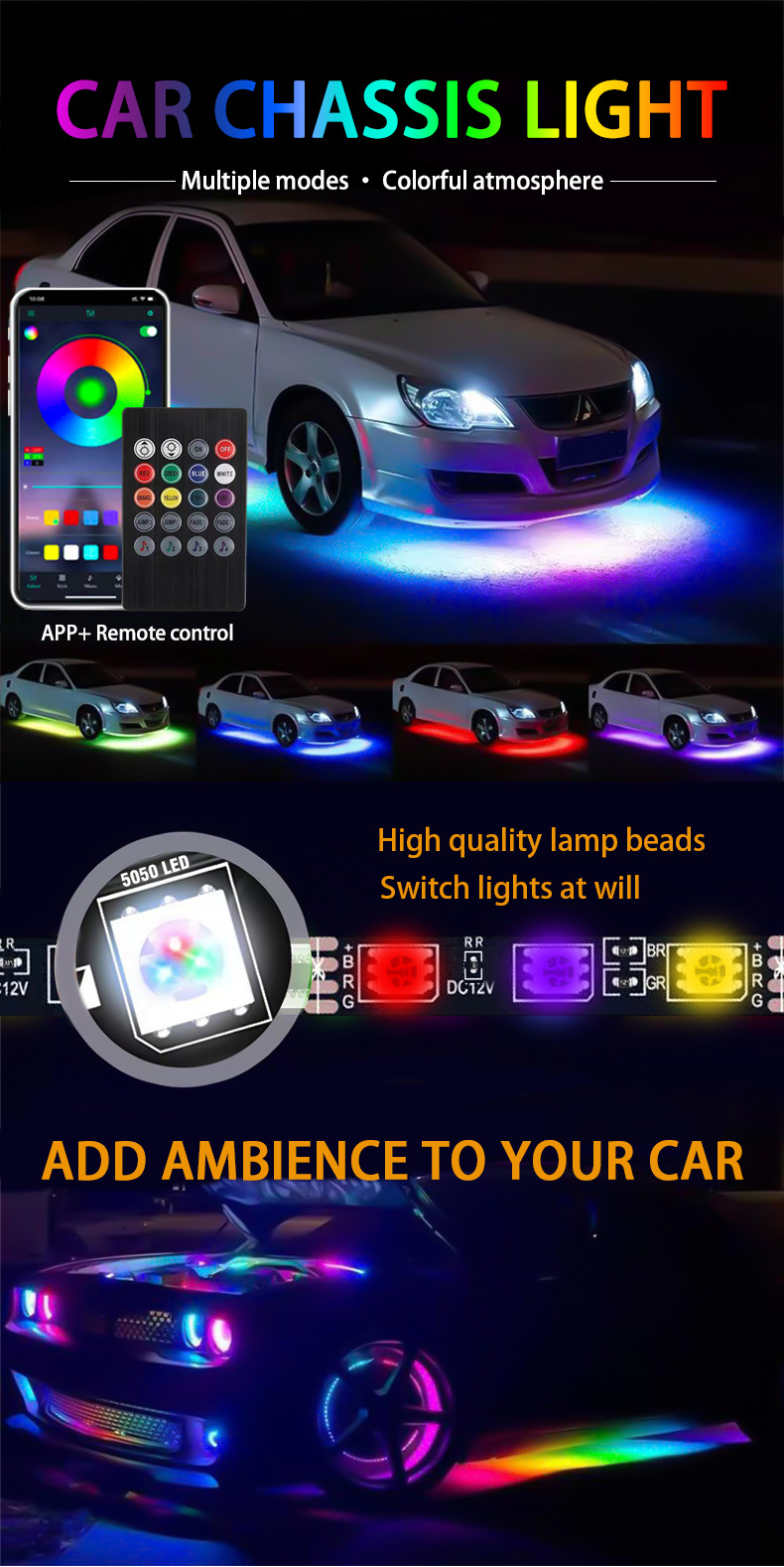 Car Chassis Light Decoration, Colorful Voice-Controlled Atmosphere Light, High-Brightness Modified Car Bottom Light, Waterproof Flash Led Streamer Light