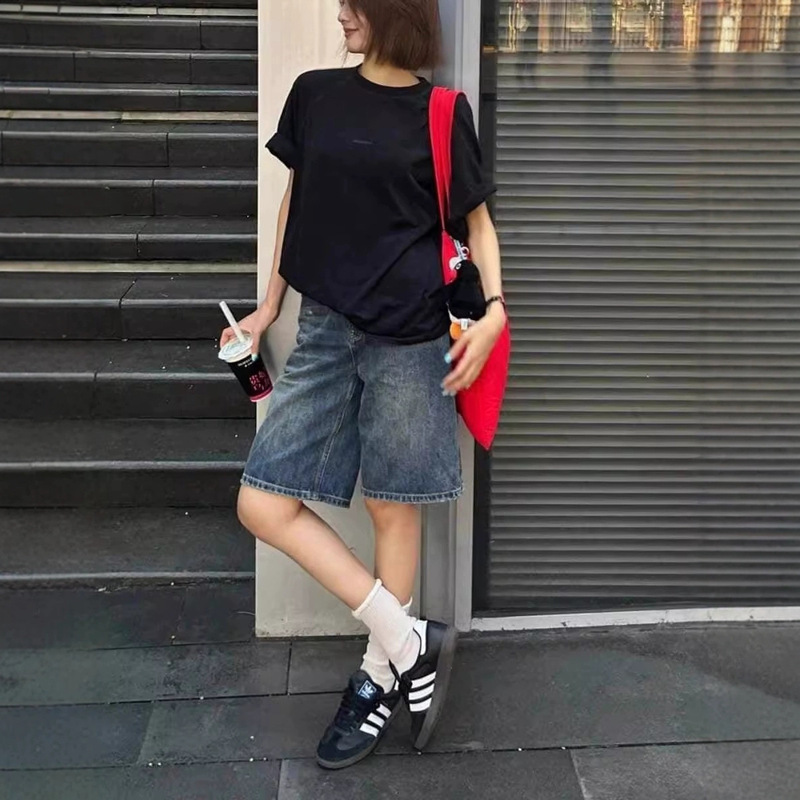 复古蓝宽松五分牛仔短裤女磨白别致潮款小个子大码高腰直筒中裤子|undefined
