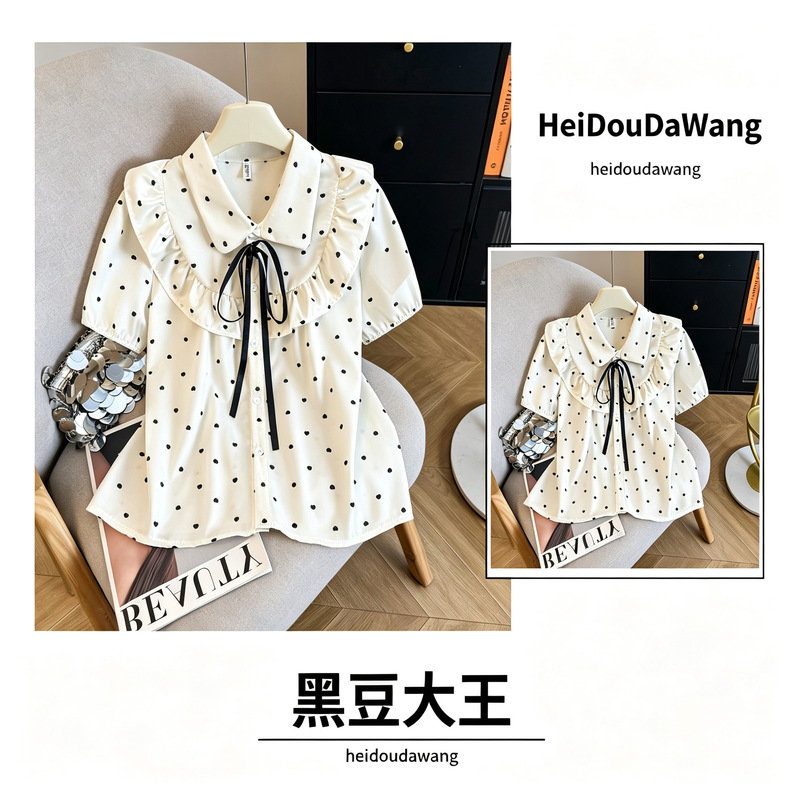 Original French 2026 new product: ruffled polka dot shirt with bow, sweet new doll-style short-sleeve tie-up top