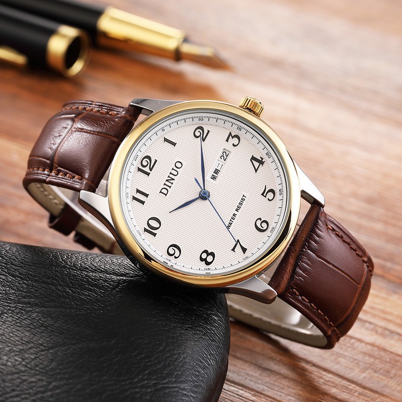 Men's Double Calendar Room Gold_White Face Brown Belt