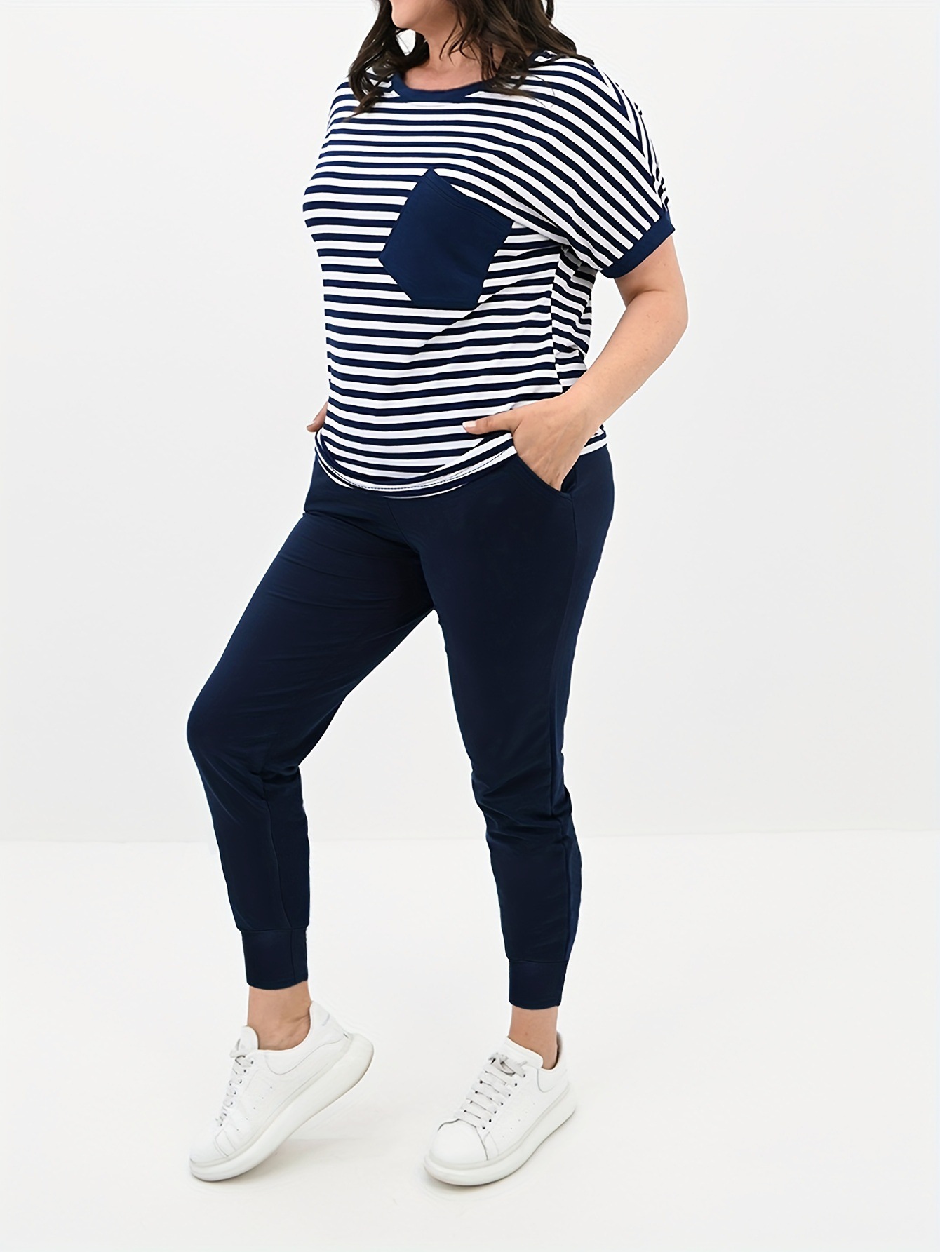 Women's Striped Top And Slim Fit Trouser Set Plus Size_voghion.com