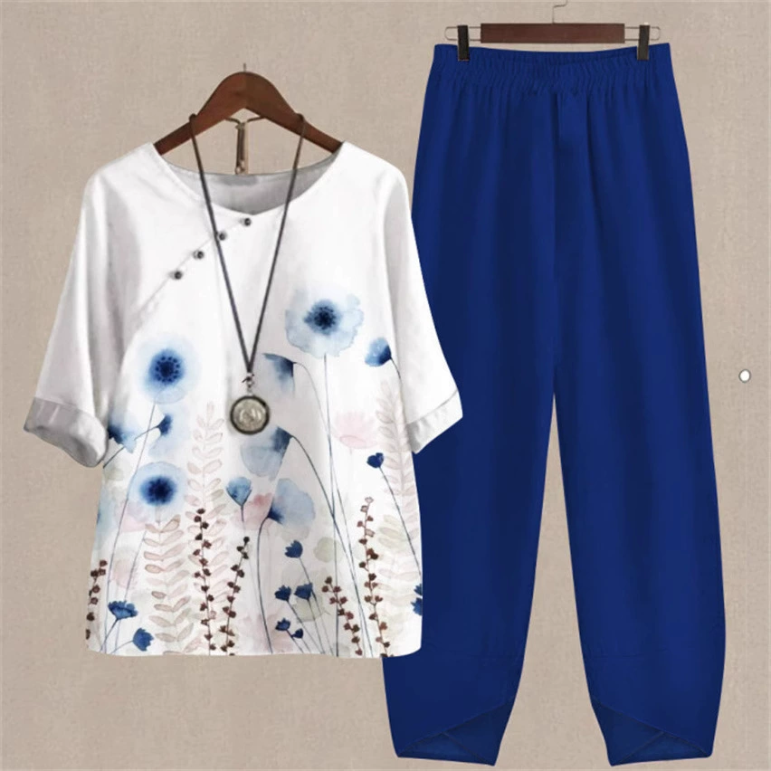 2025 экспортная трансграничная новая женская одежда повседневная футболка с круглым вырезом и рукавом пять четвертей цифровая печать женский костюм из двух предметов