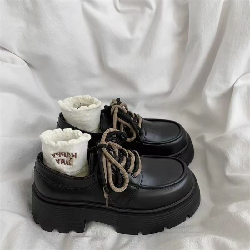 Dqijh Black Small Thick-Soled Heightening Lace-Up Small Leather Shoes for Women Single Autum New Versatile Retro British Style