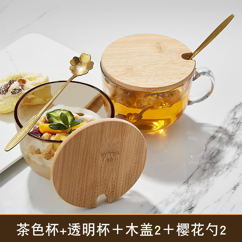 Transparent + brown breakfast cup + 2 bamboo lids + 2 cherry blossom spoons