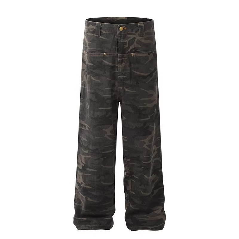 Men's Clothing Unisex Camouflage Print Jeans Loose Straight Leg Wide Leg Washed Distressed Vintage American High Street Style Trendy Clothing_mkmklike.com