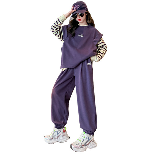 Girls' Autumn Set Sports Outfit Children's  New Stylish Trendy Girls' Large Children's Striped Vest Three-Piece Set
