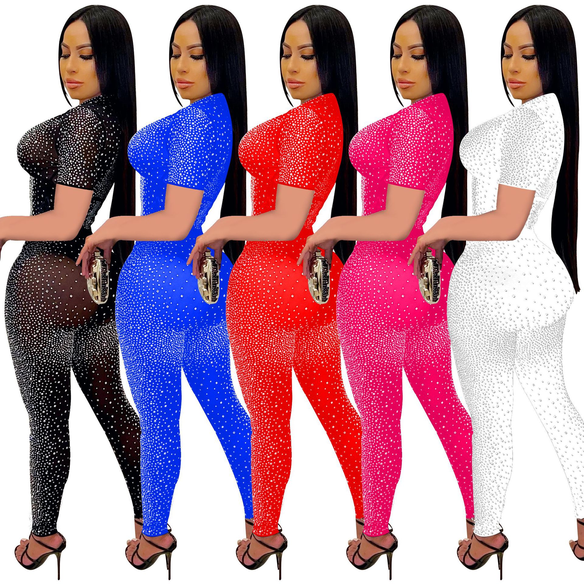 C6256 transfronteriza AliExpress Amazon ropa de mujer de moda europea y americana de malla de color sólido rhinestone pantalones de manga corta conjunto de dos piezas