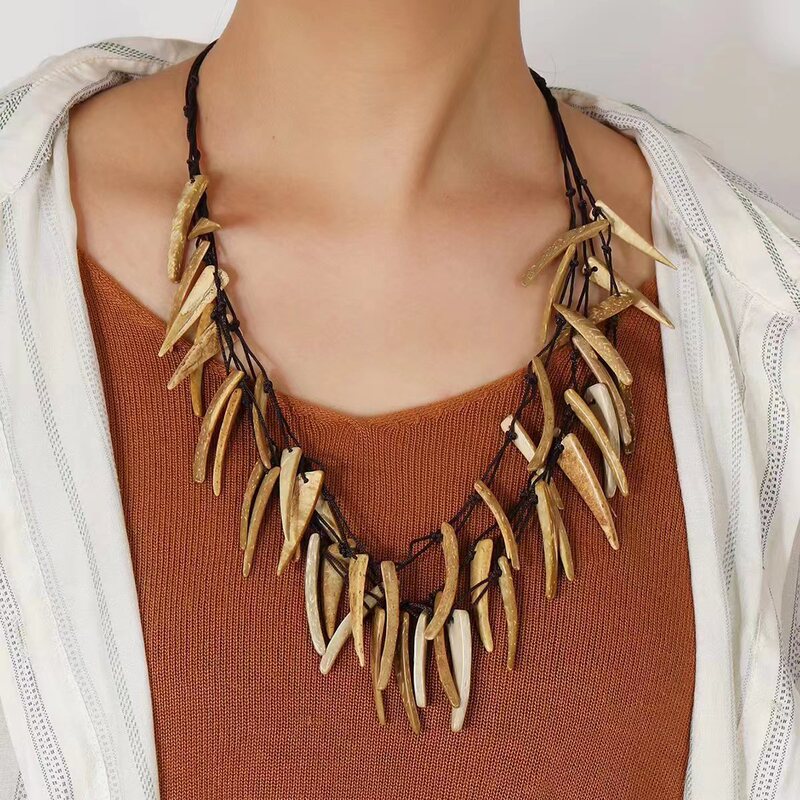 Travel Accessories Exotic European and American Bohemian Ethnic Retro Long Tooth Coconut Shell Sweater Chain Long Necklace Wholesale