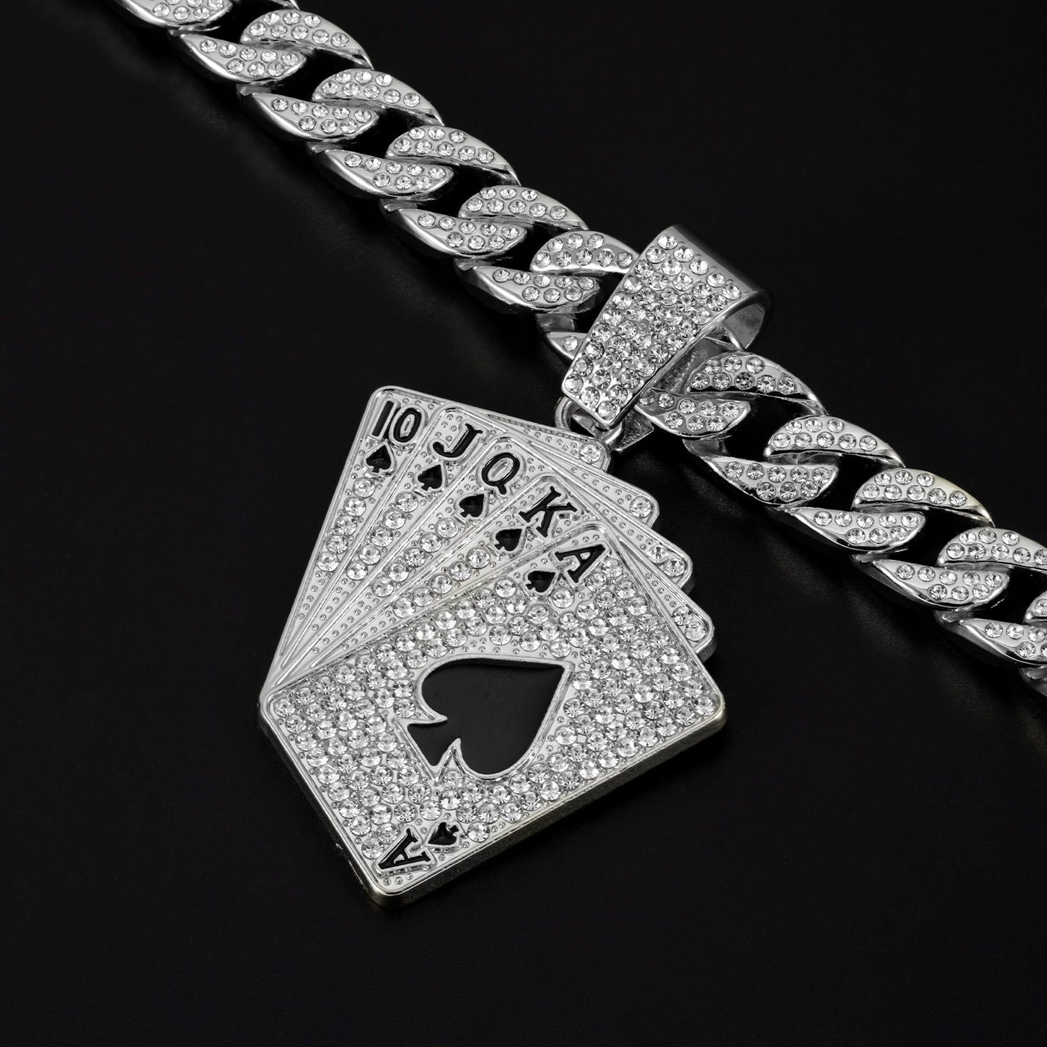European And American Hip-hop Cuban Chain Full Diamond Playing Card Pendant Trendy Card Niche Men's Necklace_voghion.com