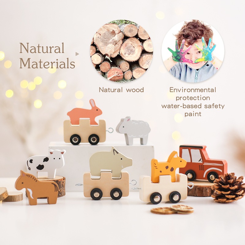 Tren de animales de granja de madera para niños, juguetes cognitivos apilados de iluminación para bebés, juguetes educativos, tren de cumpleaños