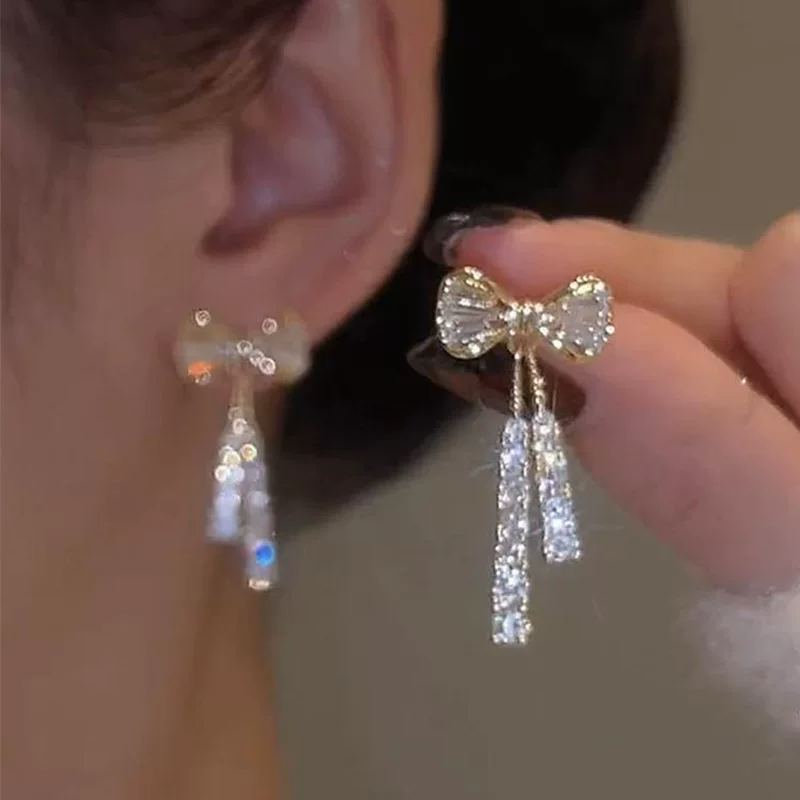 Серебряная игла, длинные серьги с маленьким дизайном и бантом с кисточками, серебро 925 образец