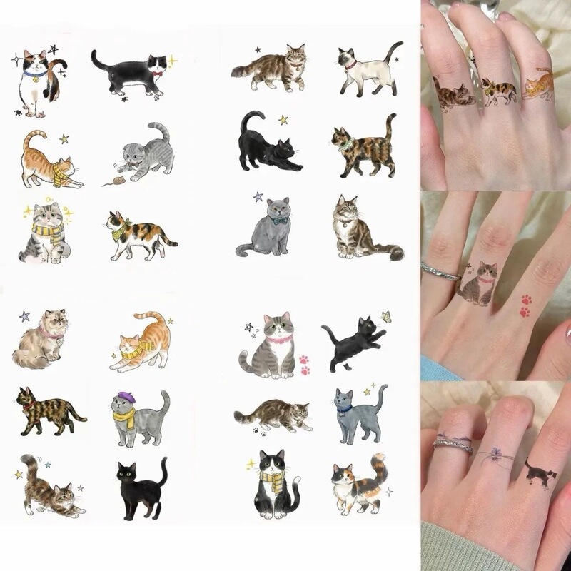 Kitty Finger Tattoo Stickers Meow Meow Ring for Women Waterproof Long-Lasting Colorful Ins Style Sweet Cool Cute Cartoon Stickers