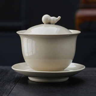 复古柴烧全釉三才盖碗万佛自在心经功夫茶具陶瓷悬停泡茶碗禅意