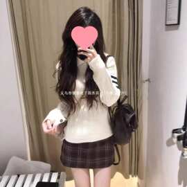 韩系翻领tb条纹针织衫女上衣2026新款秋季麻花套头学院风白色毛衣
