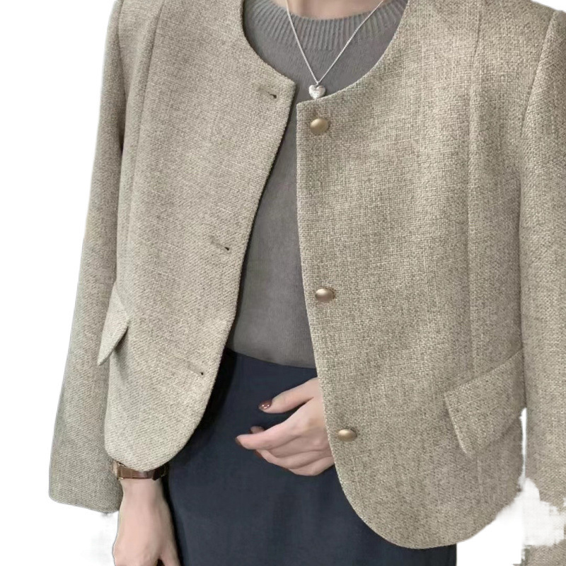 (2개) 새로운 한국 스타일 우아한 슬리밍 사교계 샤오 샹 스타일 라운드 넥 짧은 재킷 절묘한 작은 세트 복고풍 가을 2308