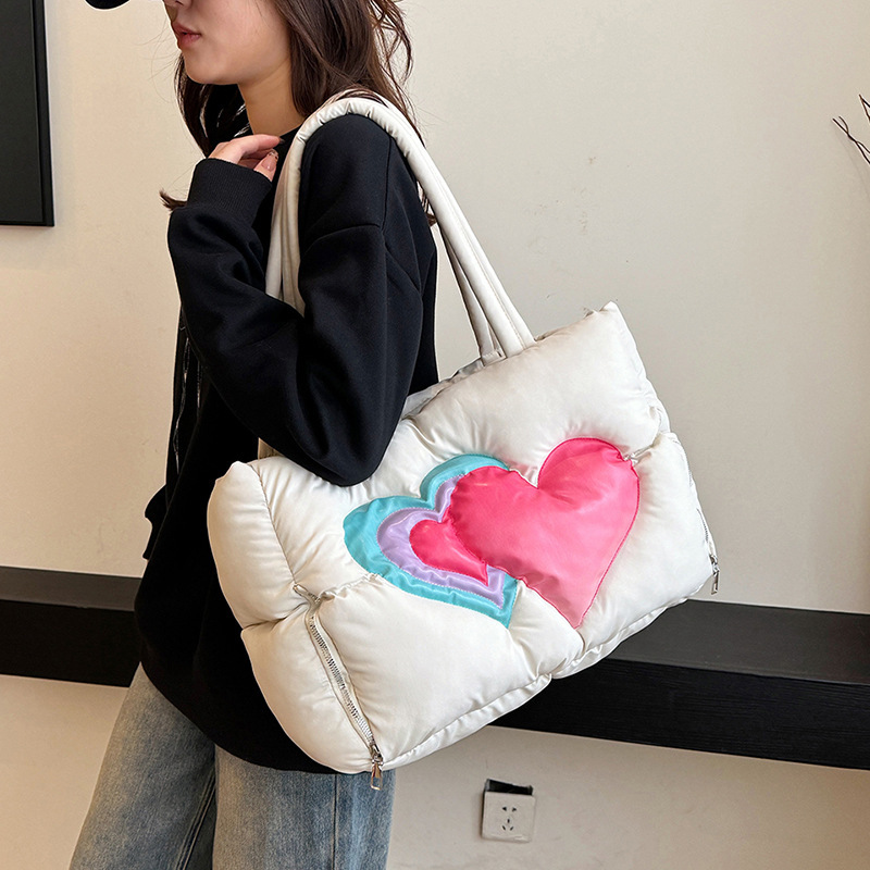New Down Cotton-padded Suit Bag Women's Large Capacity Contrast Color Love Printed Fluffy Cute Shoulder Bag Tote Bag