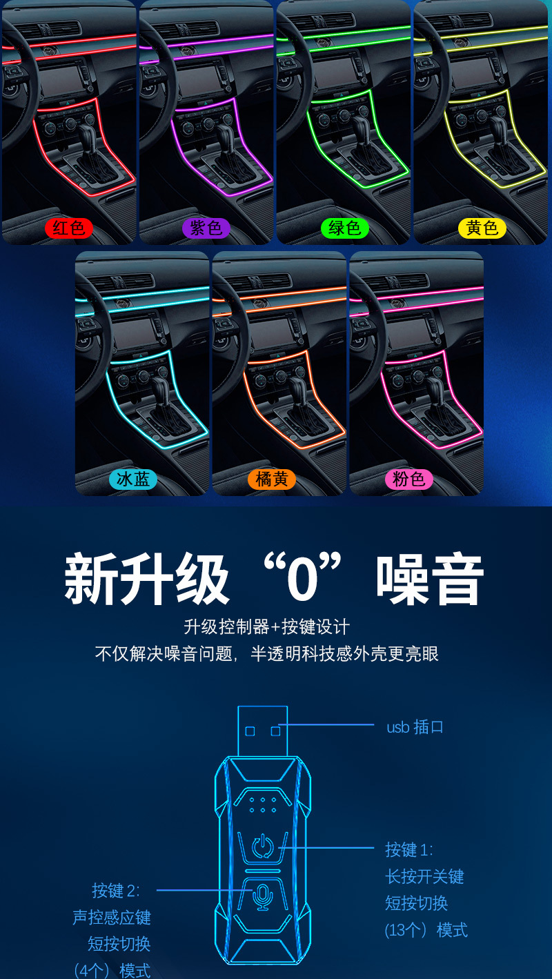 In-Car Cold Light Colorful Led Car Sound-Controlled Atmosphere Light, Wireless Decoration Light Strip Without Wiring