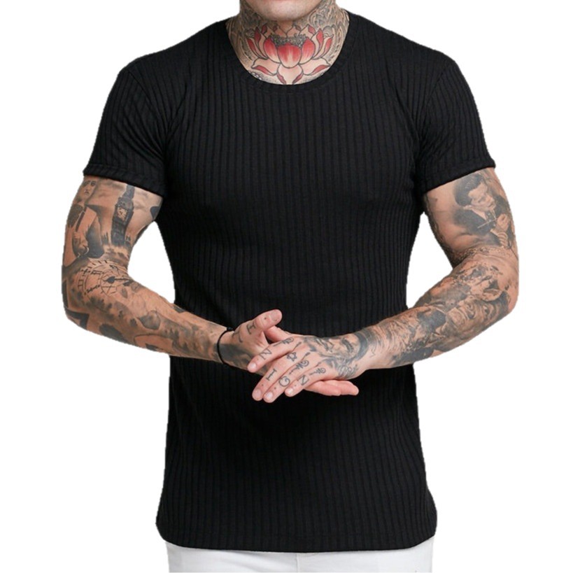 Nuevo comercio exterior transfronterizo de Europa y América nuevo hombre de manga corta de verano deportivo acondicionamiento físico ocio cuello redondo elástico camiseta vertical