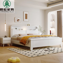 北欧白色全实木床现代简约奶油风格1.8米轻奢主卧2米储物高箱大床