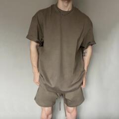 アメリカ305G重ポンド純色小襟元半袖tシャツ男性夏425Gパンツスポーツカジュアルゆったりセット