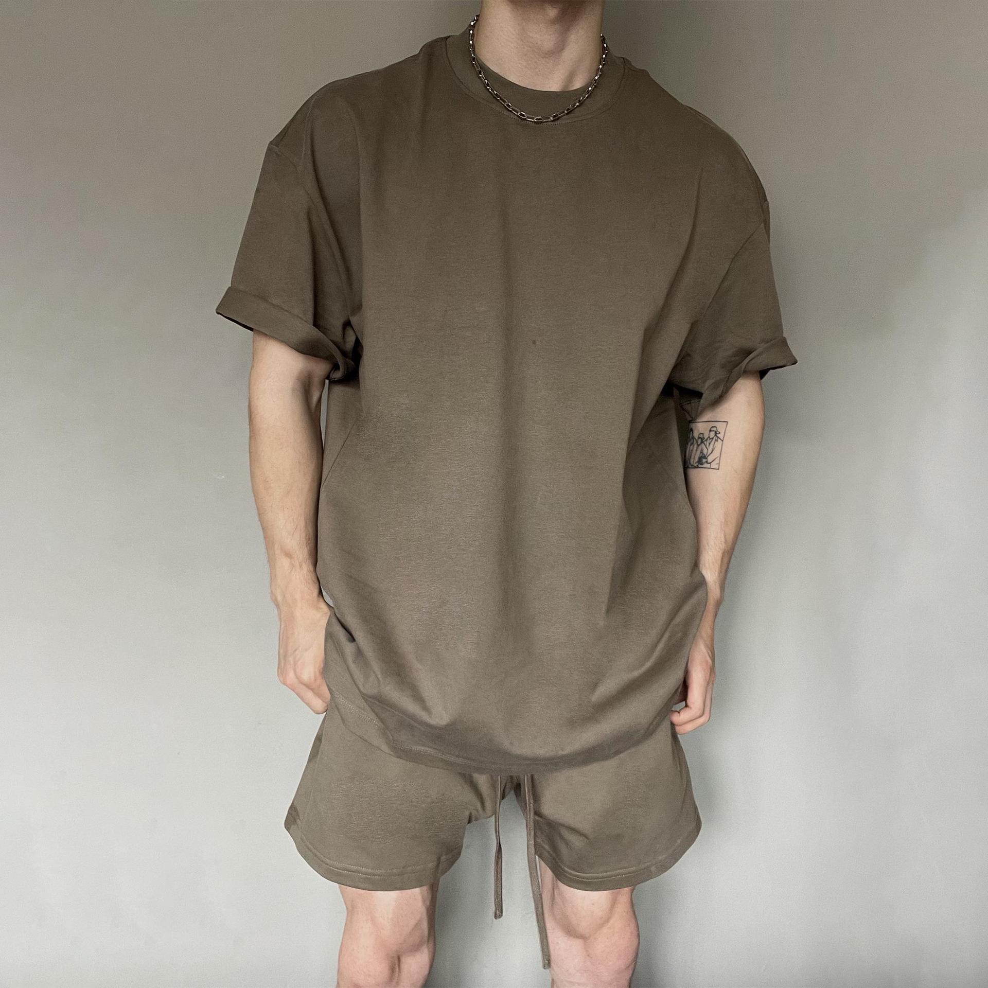 American 305G Heavy Solid Color Small neckline Short Sleeve T-shirt Men's Summer 425G Shorts Sports Leisure Loose suit