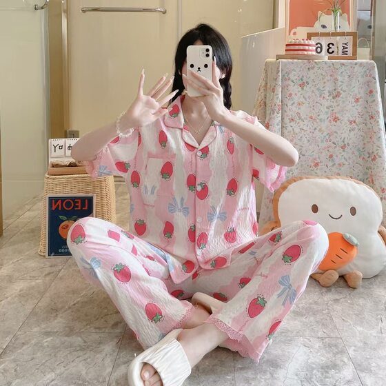 Live Cross-border Pajamas Women's Spring and Autumn Sweet Ins Style Cardigan Lace Short-sleeved Cloud Cotton Home Clothes Women's Suit