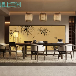 新中式水墨竹子背景墙茶室棋牌室壁纸办公室书房壁画饭店包厢墙布