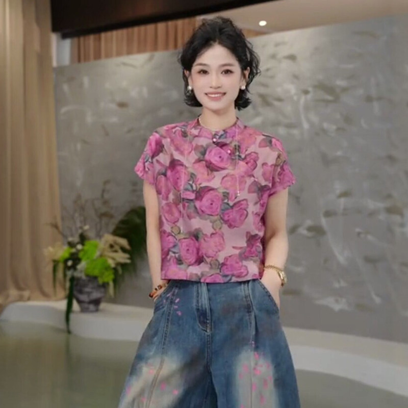 New Chinese-Style Rose Print Short-Sleeved Shirt for Women, Summer Loose Fit, Slimming Stand Collar, Button-Up Blouse, National Style Top