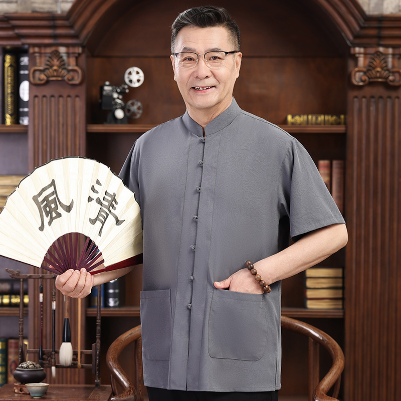 Chinese-style Tang suit for men, summer short-sleeved, middle-aged and elderly, stand-up collar, handmade frog buttons, breathable, suitable for morning exercise, Tai Chi, and everyday wear.