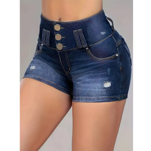 European and American plus size Slim Fit Denim Shorts Buckle Design Summer New High Elastic Women Pants in stock