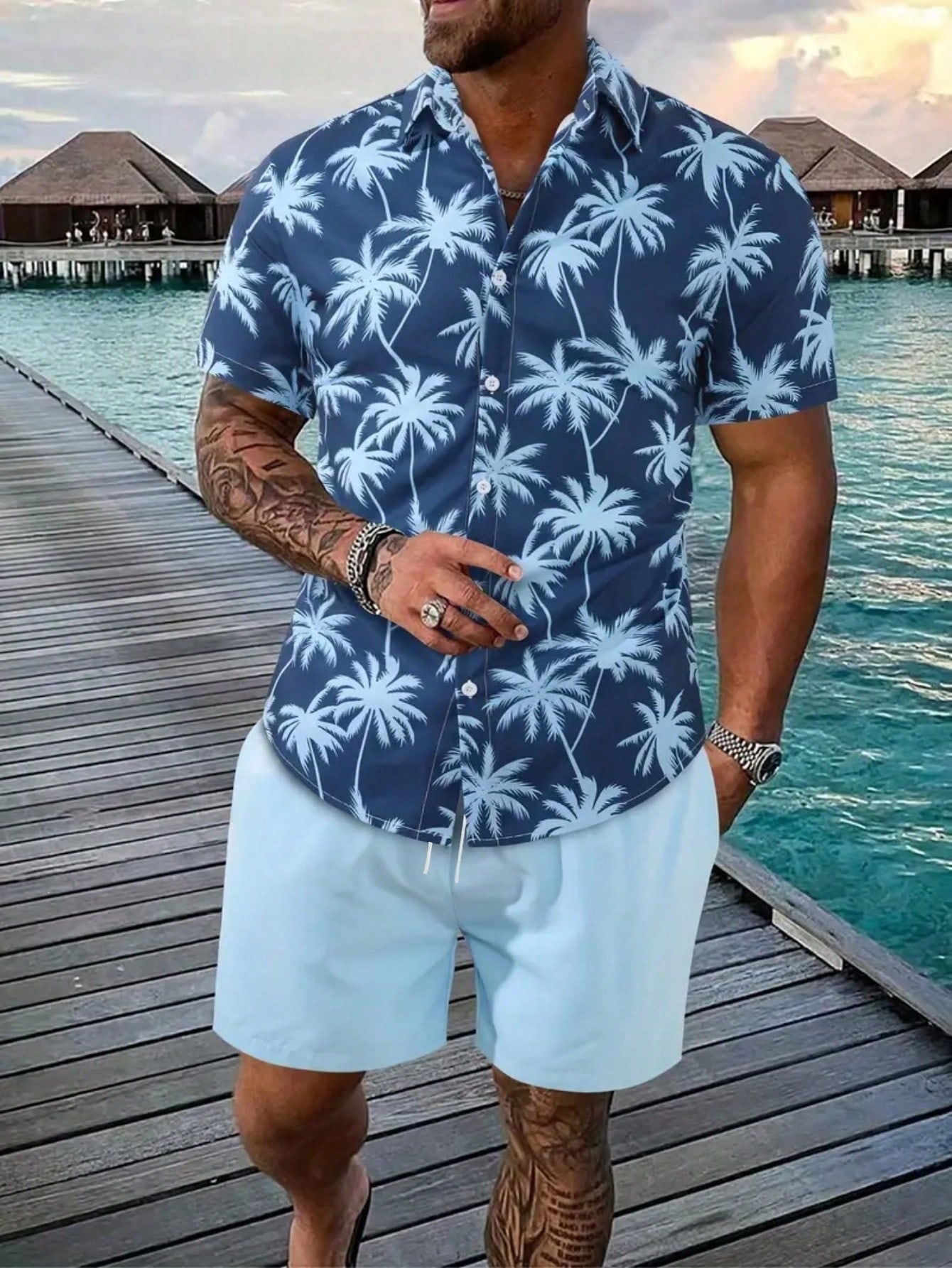 Comercio exterior transfronterizo retro camisa de botón de verano set de pantalones cortos 3D impresión casual vacaciones cardigan hombre set de dos piezas
