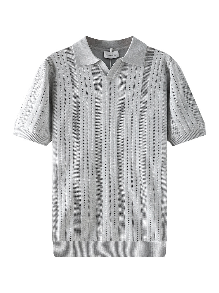 2026 verano nuevo hombre agujero rayas polo camisa de punto con solapa de manga corta europea y americana explosión de negocios casual hombre