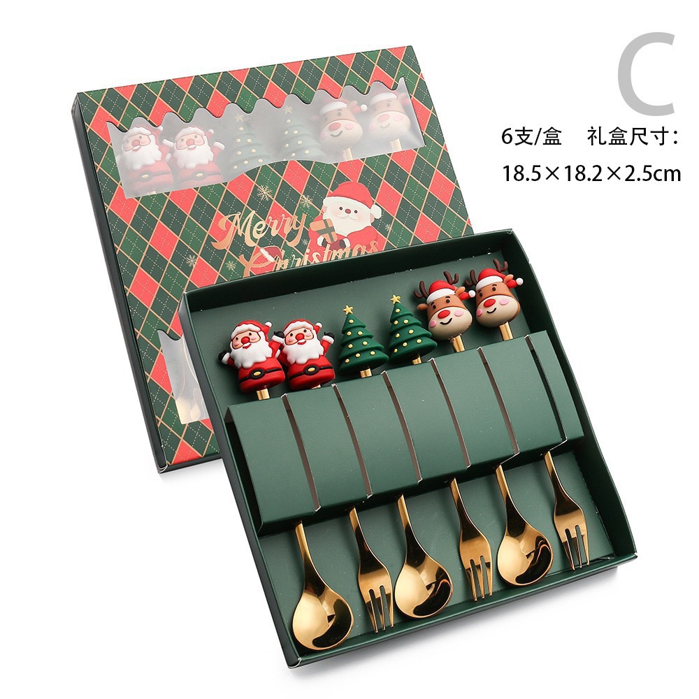 Cuchara de acero inoxidable creativa árbol de Navidad café tartar postre horquilla de fruta muñeca cuchara horquilla cubierta set de regalo