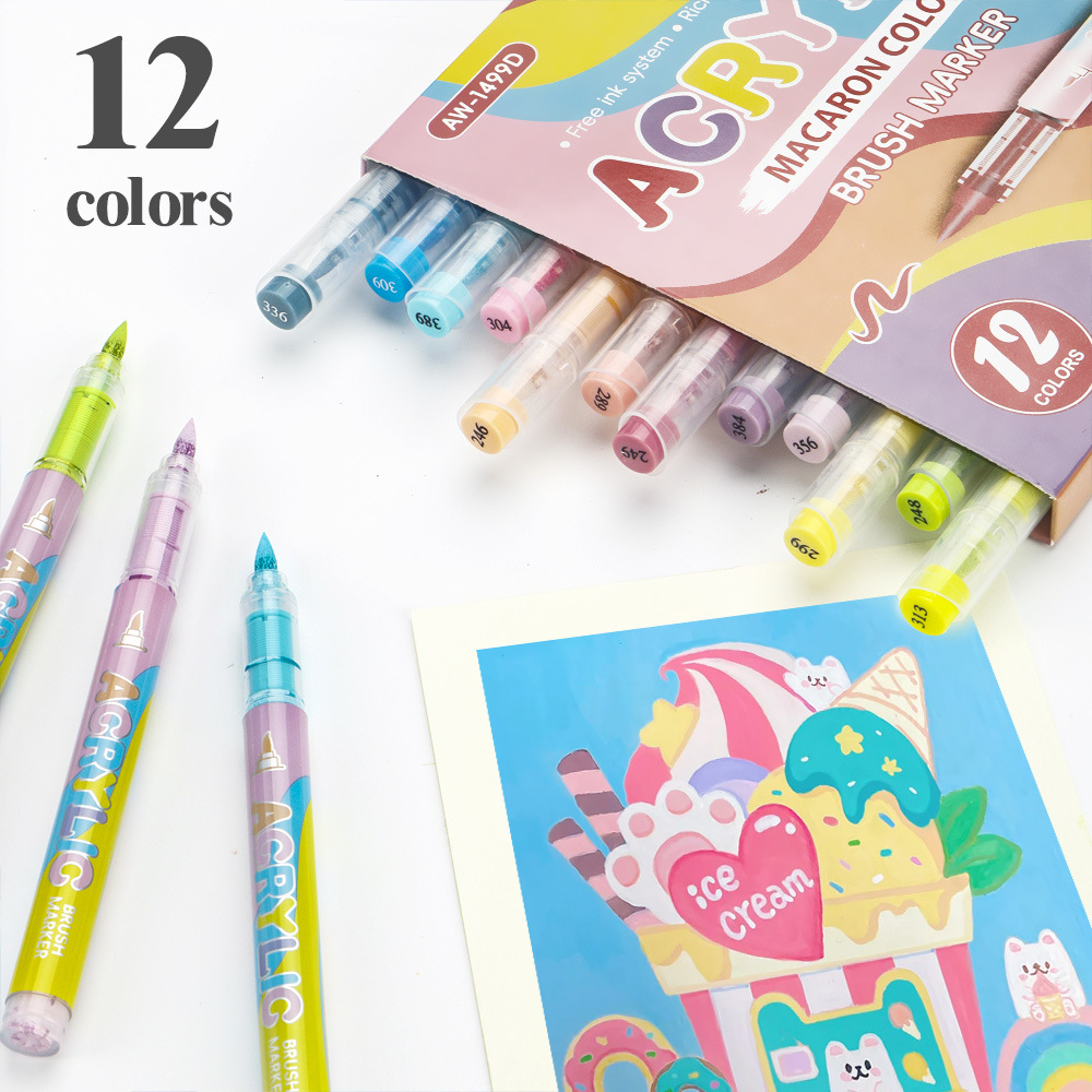 Macaron 12 colores líquido directo acrílico marcador de cabeza suave conjunto de pincel de dibujo de estudiantes y niños no mareado pincel de dibujo a mano