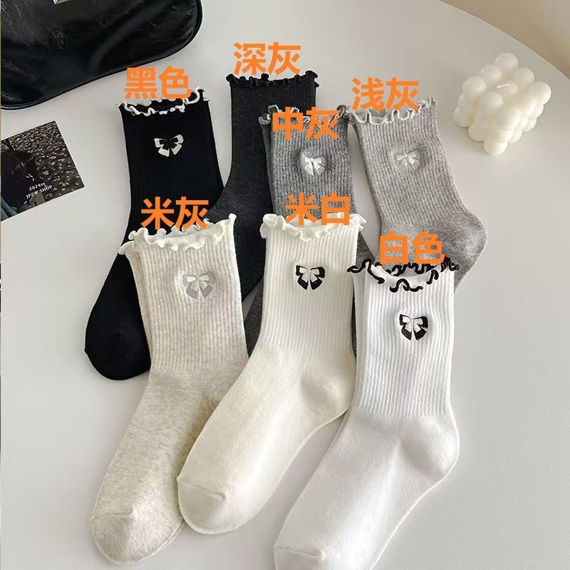 白色袜子女秋冬新款网红蝴蝶结中筒袜潮流百搭花边jk袜堆堆袜女袜|undefined