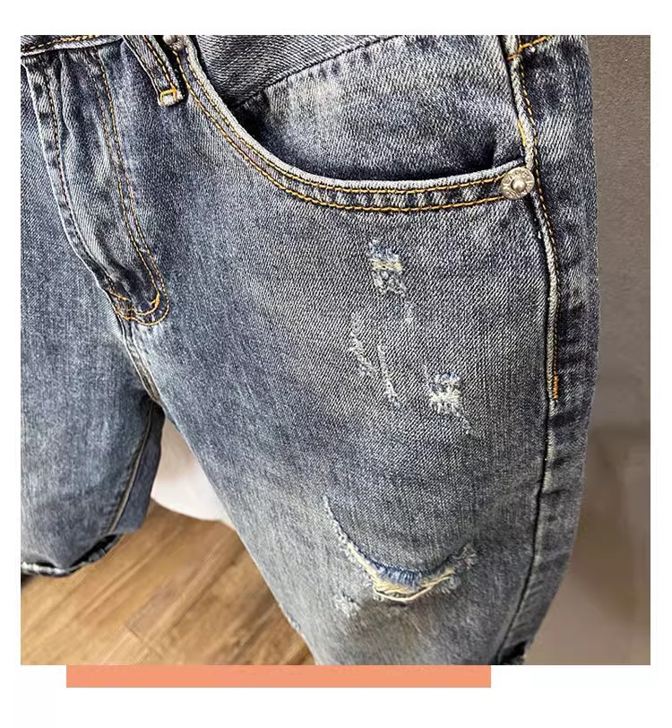 Men's Retro Ripped Denim Shorts Lightweight Summer Trendy Street Style Loose Fitting Straight Leg Five Point Pants_mkmklike.com