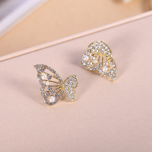 S925 Silver Needle Korean New Personality Butterfly Pearl Earrings High-End Full Diamond Light Luxury Elegant Earrings for Women
