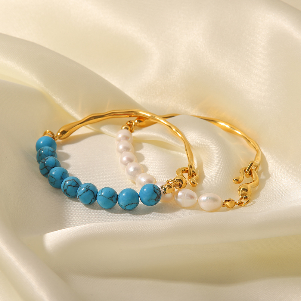 Luxurious Geometric Stainless Steel Gold Plated Turquoise Pearl Bracelets
