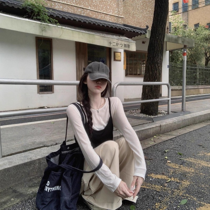 韩系撞色拼接吊带长袖t恤女早秋季设计感小众绑带收腰上衣两件套|undefined
