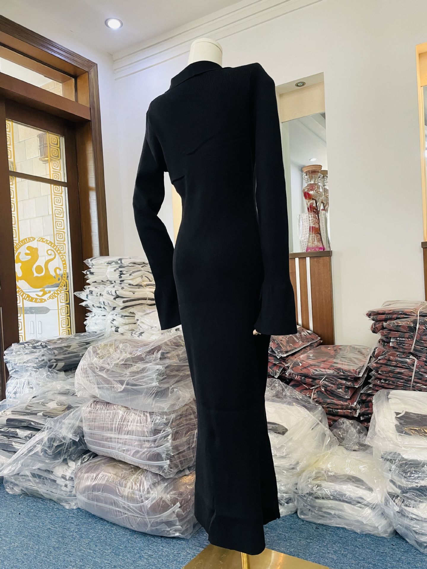 Women Clothing Long Sleeve Dress Women Knitted Deep V Plunge Sweater Maxi Dress
