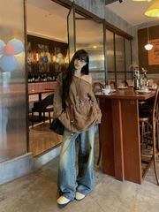 慵懒风斜领露肩长袖毛衣女早秋2025新款气质宽松显瘦套头针织上衣