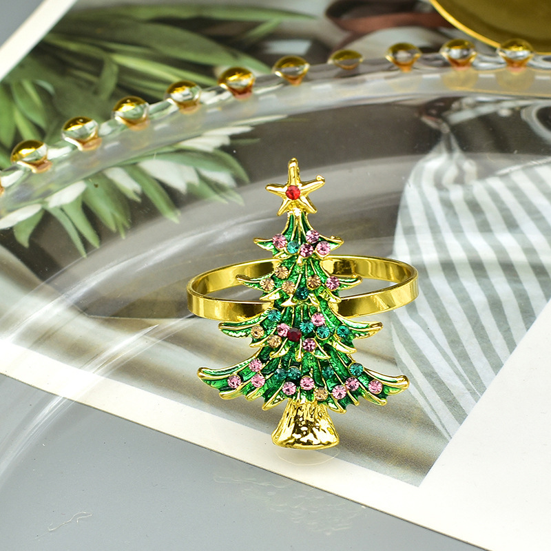 001 クリスマス高級洋食レストラン クリスマスツリー ナプキンリング 金メッキ クリスマスツリー グリーン ナプキンリング ナプキンホルダー|undefined