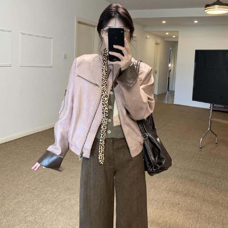 美式复古酷飒风撞色pu皮衣外套女秋季超好看廓形休闲夹克上衣|undefined
