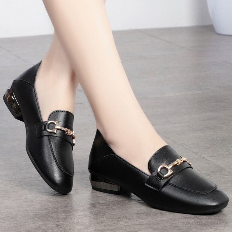 봄 여름 가을 새로운 두꺼운 힐 스퀘어 헤드 얕은 입 싱글 신발 대외 무역 영국 스타일 소프트 하단 로퍼 스퀘어 소프트 가죽 여성 신발