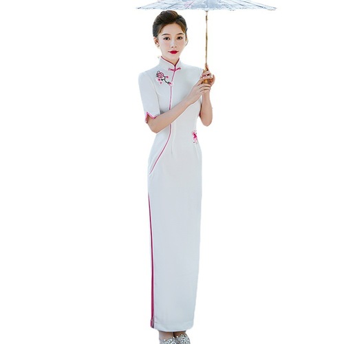 Catwalk pink white yellow chinese dress cheongsam Mao Yulin paragraph with Hester improved sleeves performances of cheongsam long dresses lady