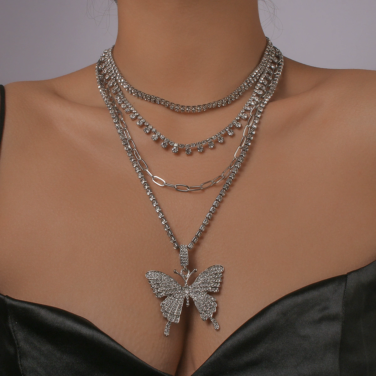 N10139 кросс-бордер exaggerated multi -layer neck chain butterfly full diamond light luxury temperament necklace personalized retro decoration
