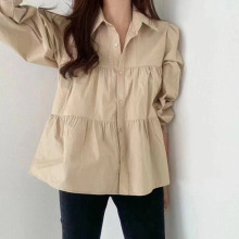 2025韩版chic秋季新款宽松休闲褶皱感拼接泡泡袖衬衣女式上衣