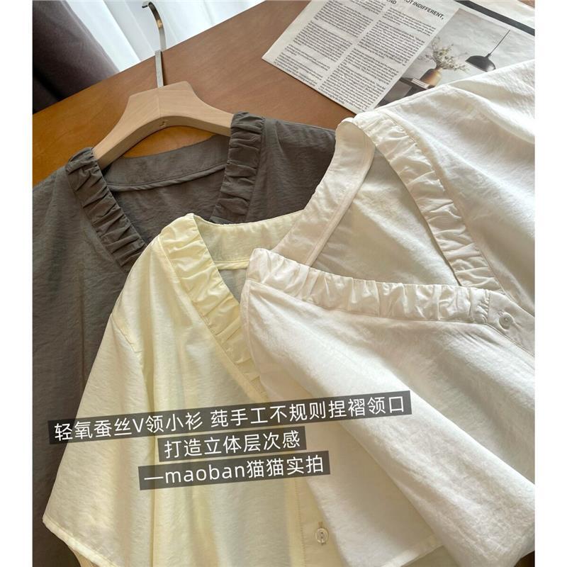 Elegant Commuting Style【Light Oxygen Dry Silk】Natural Wrinkle Silk Modal Textured V-Neck Versatile Blouse for Women
