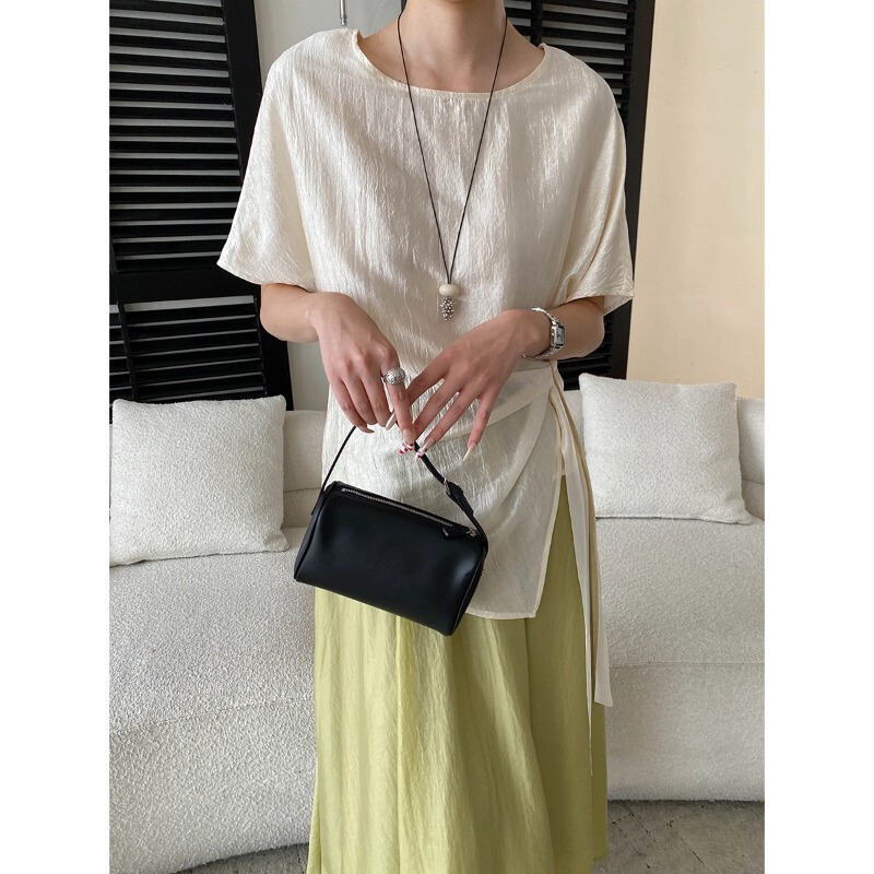 Sinnan Offers a Necklace as a Gift: Acetate Blend Irregular Tie Waist Design Round Neck Short-Sleeve Shirt Sn8846 Sinnan Offers a Necklace as a Gift: Acetate Blend Irregular Tie Waist Design Round Neck Short-Sleeve Shirt Sn8846